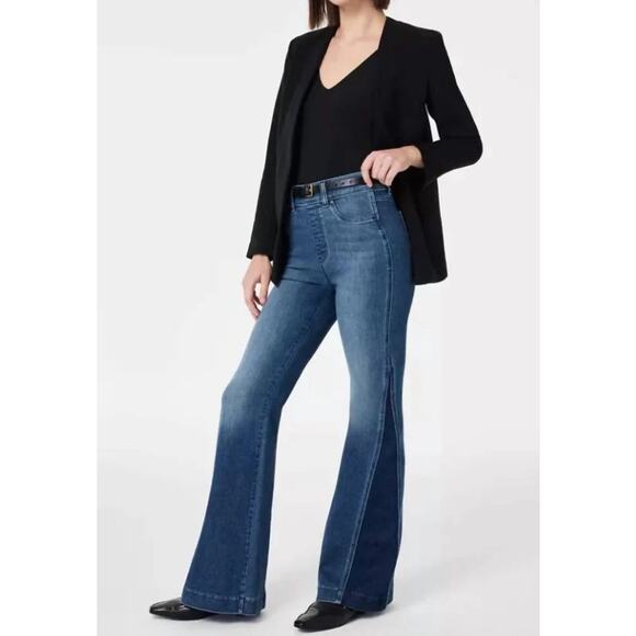 SPANX Flare Jeans Size Medium 2-Tone Mixed Indigo Wash Retro High Waist - Picture 11 of 11